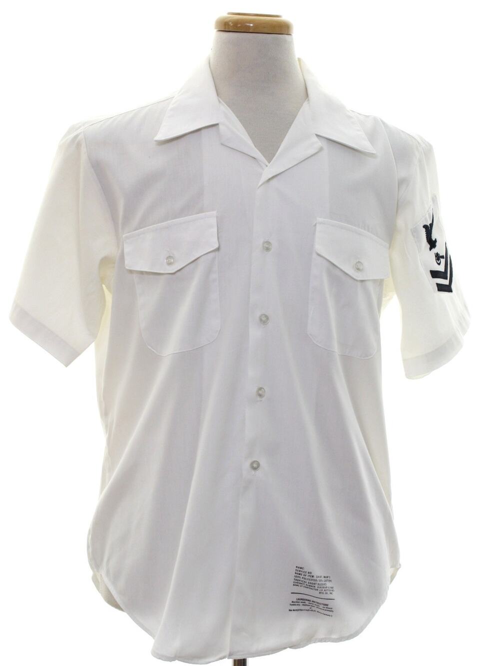 Vintage 80s US Navy Tropical White Uniform Shirt Petty Officer 1st Class L